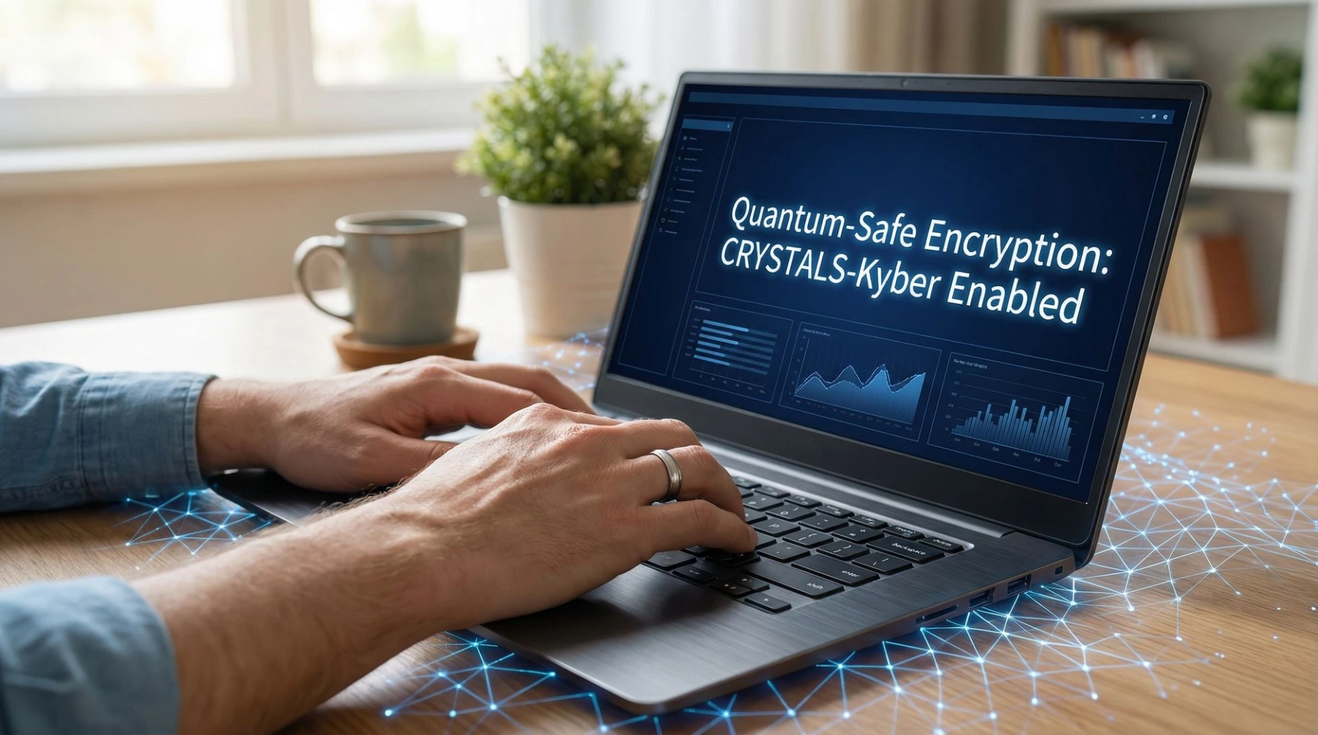Practical Application of Post-Quantum Cryptography in Remote Work Prompt: A high-quality close-up of a freelancer’s hands typing on a high-tech, sleek laptop in a stylish home office. The laptop screen shows a futuristic security dashboard with the text "Quantum-Safe Encryption: CRYSTALS-Kyber Enabled". In the background, there is a blurred view of a cozy room with a potted plant and a cup of tea. The image should feature glowing blue lattice patterns emanating from the laptop, representing the transition from laboratory theory to practical, everyday use. Photorealistic, sharp focus on the screen and hands.