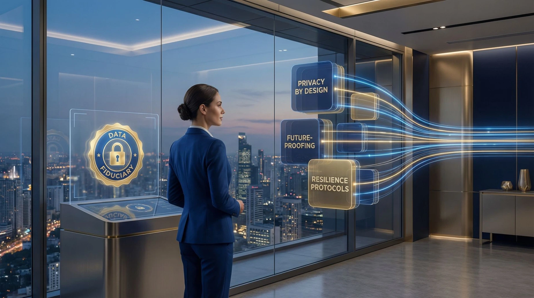 Future-Proofing Freelance Business Models Against Emerging Threats Prompt: A conceptual, futuristic image of a professional woman standing in a glass office with a digital "Data Fiduciary" badge glowing on a nearby holographic display. She is looking at a series of floating, interactive data modules that are being sorted and encrypted by a visible AI stream. The scene represents a shift toward "Privacy by Design" and long-term business resilience. The color scheme should be sophisticated, using gold and deep blue tones to represent wealth, trust, and advanced technology. High detail, 8k, architectural and tech-vibe.