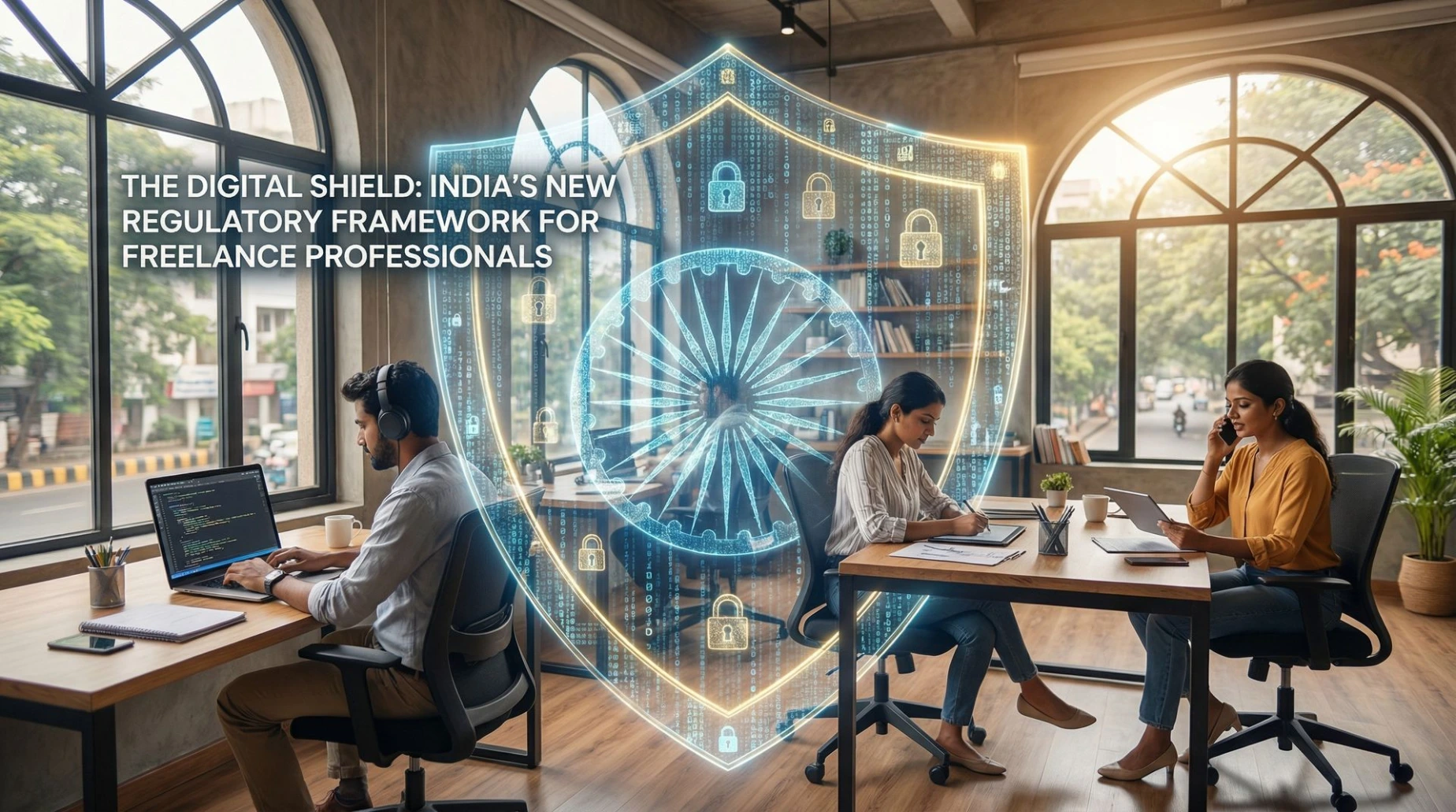 a diverse group of Indian freelancers (a software developer, a graphic designer, and a consultant) working in a modern, sunlit co-working space in a city like Bangalore. Superimposed over the scene is a large, translucent, glowing digital shield with a subtle holographic Ashoka Chakra emblem.