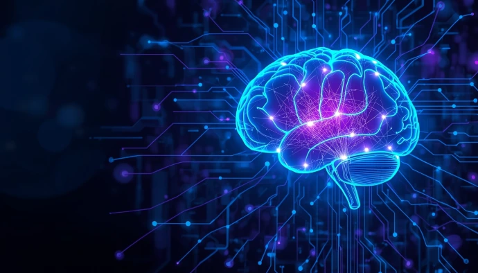 Artificial intelligence concept illustration showing human brain connected to digital circuits, clean minimal style, educational infographic look, soft lighting, professional tech website image