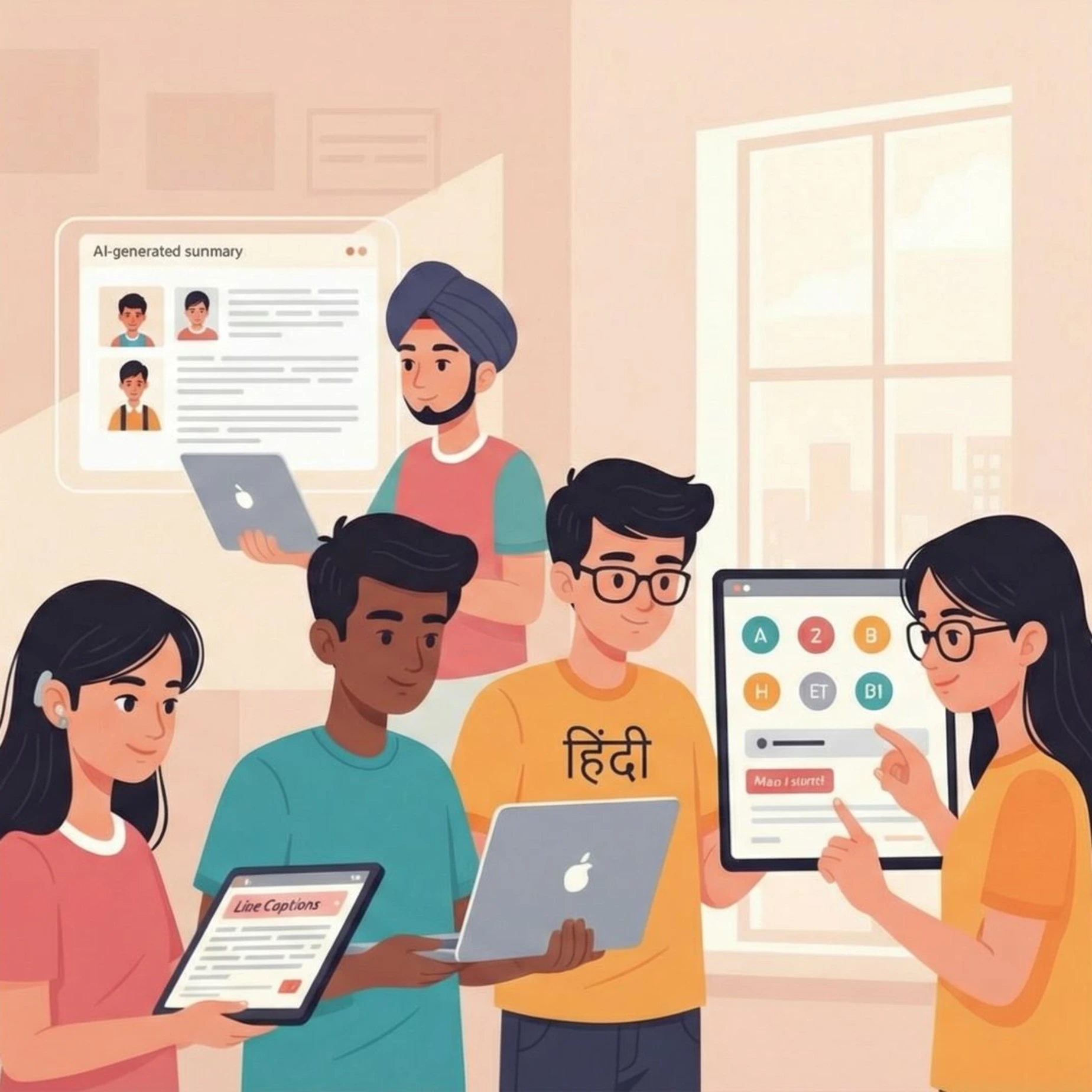 A futuristic classroom with students interacting with holographic projections and VR headsets.